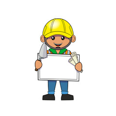 Builder construction worker with a yellow hard hat a trowel, and some papers, holding a white board, job clip art