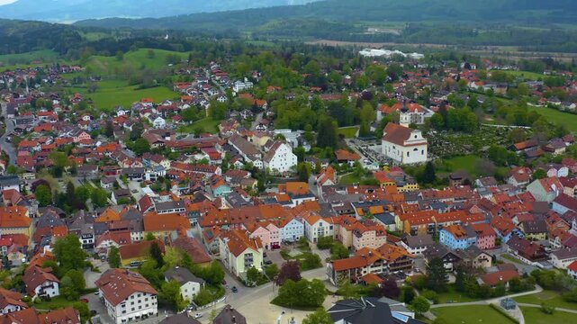 Aerial view of the city Murnau am Staffelsee in Germany, Bavaria on a sunny spring day 