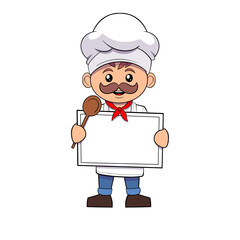 Chef wearing a white uniform and a big white hat, holding a white board, job clip art