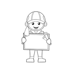 Fototapeta premium Builder wearing a hard hat, holding a trowel, blueprints and a board job occupation career clip art hand drawn black and white