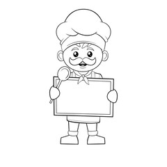 Chef with a big hat and a Moustache holding a board black and white hand drawn clip art