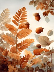 A delicate watercolor painting features autumn fern leaves and acorns against a soft, muted background.
