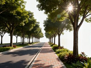 Obraz premium Sunlit Avenue with Tree-Lined Road and Paver Sidewalk