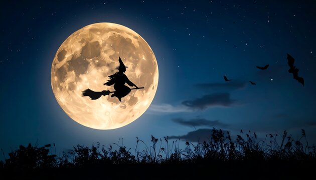 Silhouette of a witch flying on a broomstick in front of a large full moon and starry night sky