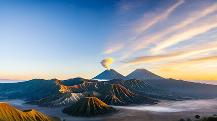 Sunrise on Bromo,Batok,Semeru volcano. Bromo is an active volcano and part of Tengger massif in Tengger caldera in East Java, Indonesia. Bromo Tengger Semeru National Park. Penanjakan Viewpoint.
