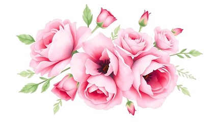 Obraz premium Delicate watercolor floral wreath featuring pink roses, painted with soft brush strokes on white.