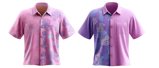 Stylish Pink Floral and Color Block Purple Hawaiian Shirts on Black Background