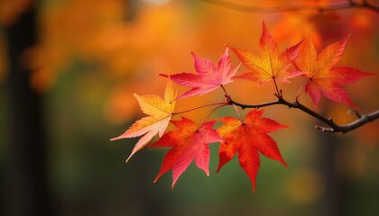 Close up of a branch with vibrant autumn leaves against a blurred orange and green background