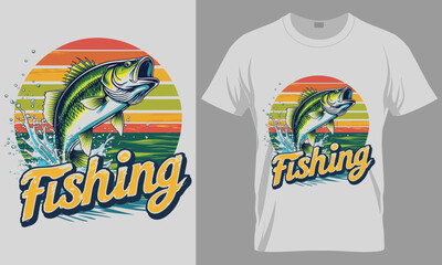 Vintage Bass Fishing T-Shirt Design Vector - Jumping Fish Retro Sunset Graphic