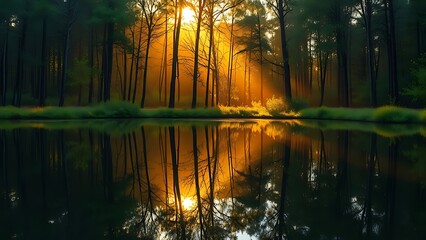 Peaceful forest landscape reflected in still water, capturing golden sunlight through trees.