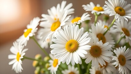 Fresh daisy bouquet bathed in soft sunlight, showcasing delicate pastel petals.