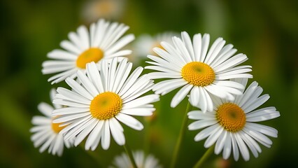 Obraz premium Close-up of fresh daisies with a soft green backdrop, natural light enhancing their delicate beauty.