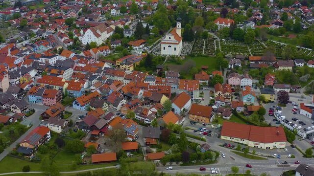 Aerial view of the city Murnau am Staffelsee in Germany, Bavaria on a sunny spring day 
