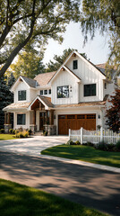 Modern Farmhouse Exterior with Wood Garage Door and White Picket Fence