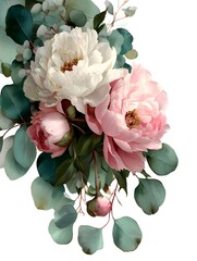 Elegant floral arrangement showcases delicate pink and white peonies with fresh eucalyptus leaves on white backdrop.