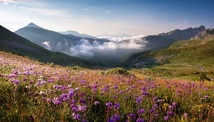 Misty Mountain Meadow Wildflowers Swaying In Breeze