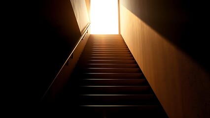 A sunlit staircase leading upward with a radiant glow at the top, creating strong contrast.