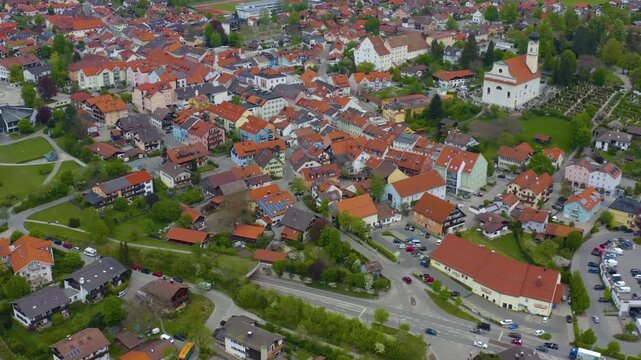 Aerial view of the city Murnau am Staffelsee in Germany, Bavaria on a sunny spring day 