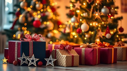 Festive holiday setup with decorated tree and gift boxes, evoking warmth and seasonal joy.