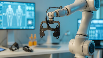 Robotic arm holding a medical exoskeleton component in a high-tech laboratory setting