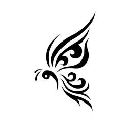 A stylized tribal butterfly tattoo vector. This monochrome design features flowing, elegant lines and intricate swirls, symbolizing grace, transformation, and freedom. Ideal for print or skin art.