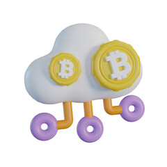 3D Rendered Cloud Structure with Gold Bitcoin Coins and Connected Purple Rings Transparent Background