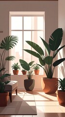 Fototapeta premium Sunlit room with various potted plants near a large window
