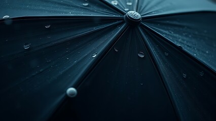 A black umbrella glistens with raindrops, its textured fabric and silver rivets highlighted in moody lighting.