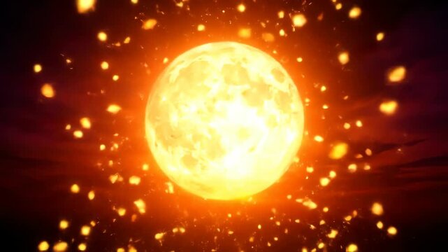 High-resolution 4k flying phoenix of a bright, glowing moon with vibrant orange and yellow hues against a dark background with scattered sparks.