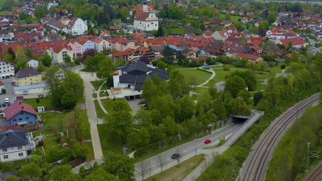 Aerial view of the city Murnau am Staffelsee in Germany, Bavaria on a sunny spring day 