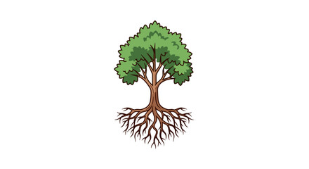 Naklejka premium Vibrant green tree with intricate roots growing upwards, a symbol of life and nature, isolated on transparent background, detailed vector illustration svg.