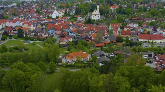 Aerial view of the city Murnau am Staffelsee in Germany, Bavaria on a sunny spring day 
