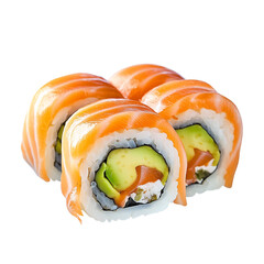Realistic Salmon Avocado Roll Sushi PNG with Cream Cheese and Rice &ndash; Fresh Japanese Uramaki Isolated on White Background for Food Design Projects
