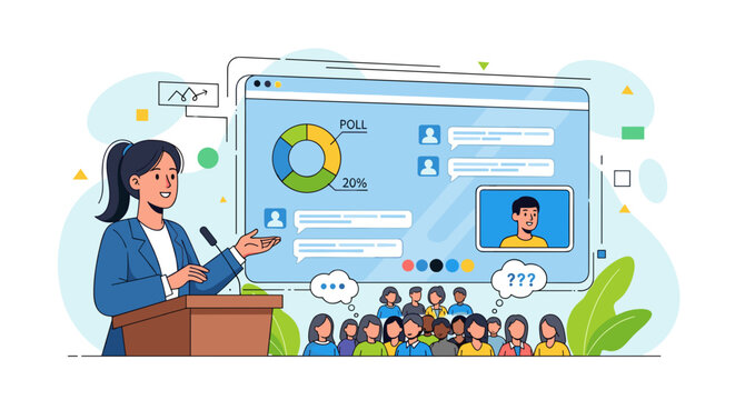 Woman presenting business insights and data analytics to an engaged audience onscreen, vector illustration svg isolated on transparent background.