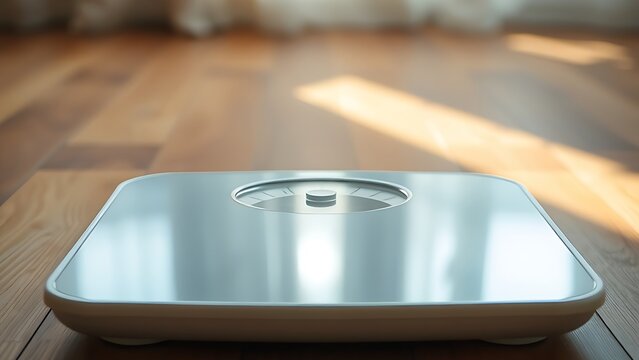 Weigh scales on wooden floor with soft morning light, representing healthy lifestyle concepts.