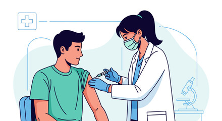 Doctor giving vaccine to patient. Immunization, health, and disease prevention. Modern medical clinic. Vector illustration isolated on transparent background.