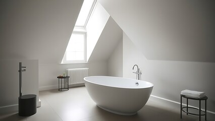 Elegant attic bathroom with freestanding bathtub and natural light from a window.