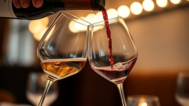 Two wine glasses being elegantly filled from a bottle.