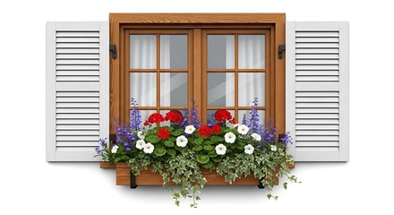 Wooden Window with Shutters and Vibrant Floral Window Box, Isolated.