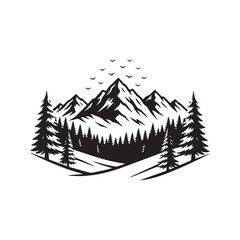 Fototapeta premium Mountain Range Silhouette with Pine Forest and Flying Birds Vector Illustration