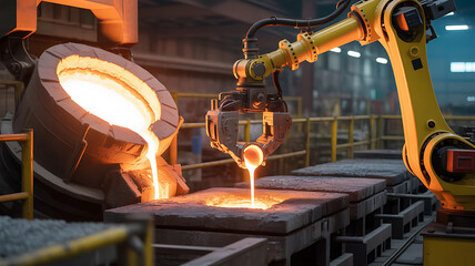 Industrial robotic arm pouring molten metal into molds in a foundry