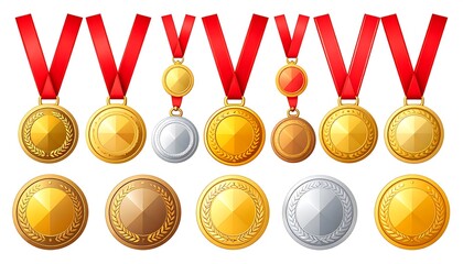 Set of gold, silver, and bronze medals with ribbons
