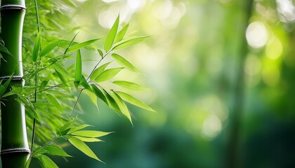Closeup Beautiful Green Bamboo Tree In Forest On Blurred Background