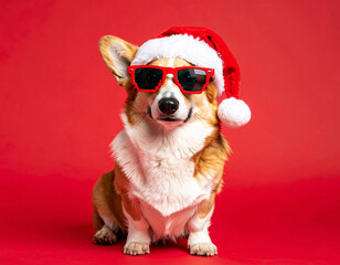 Cute corgi dog in Santa hat and pixelated sunglasses on red background