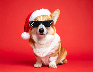 Cute corgi dog in Santa hat and pixelated sunglasses on red background