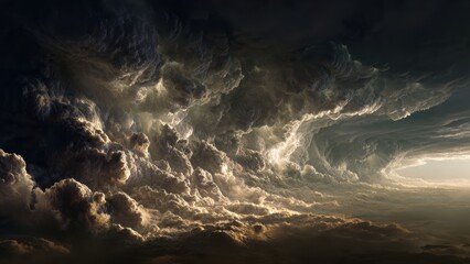 A sublime and cinematic view of a cataclysmic storm front, a celestial mountain range of clouds touched by golden light.