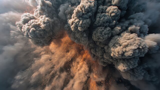A powerful and chaotic explosion of smoke and fire, with a violent burst of sparks symbolizing raw, untamed energy.