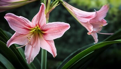 Fototapeta premium Barbados Lily Or Hippeastrum Puniceum Pink Flowers With Green Backgruund