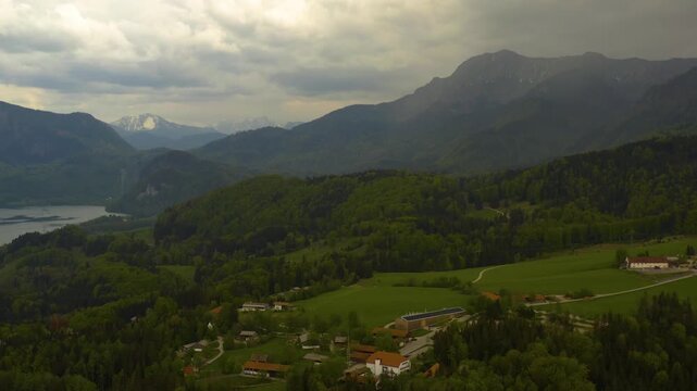 Aerial view beside the city Murnau am Staffelsee in Germany, Bavaria on a cloudy spring day 