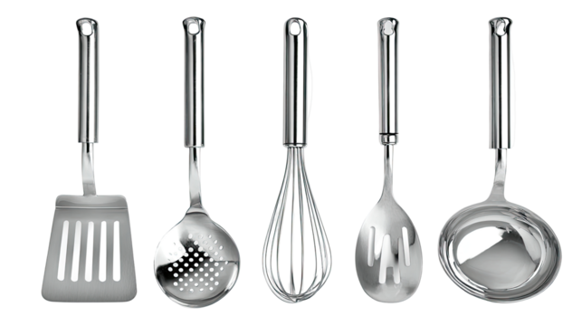 Five stainless steel kitchen utensils